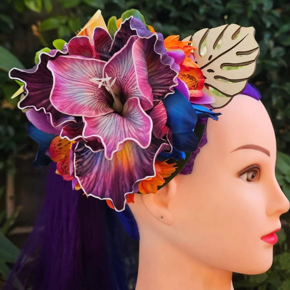 Handmade Tropical Floral Hair Clip Fascinator‎ Orchid Lily Tiki Burlesque